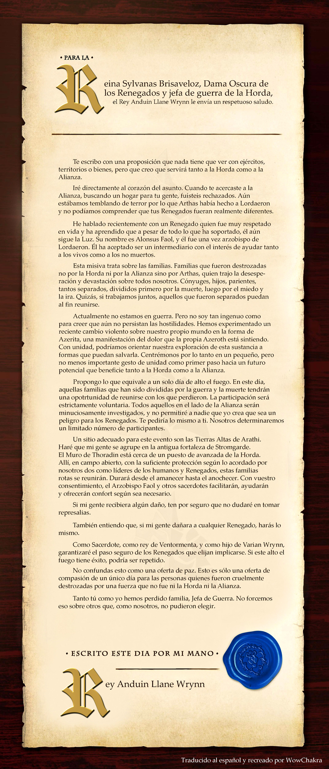 Carta de Anduin a Sylvanas